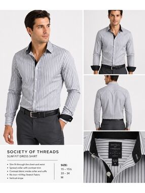 Vintage Society of Threads Slim Fit Men’s Dress Shirt Stripe Contrast Collar M
